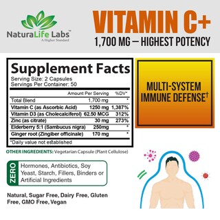 Foto 2 | Suplemento Naturalife Labs De Vitamina C 1700 Mg Con Vitamina D3 10 - Venta Internacional.