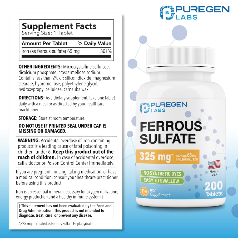 Foto 3 pulgar | Suplemento De Hierro Puregen Labs Sulfato Ferroso 325 Mg 200 Comprimidos - Venta Internacional.
