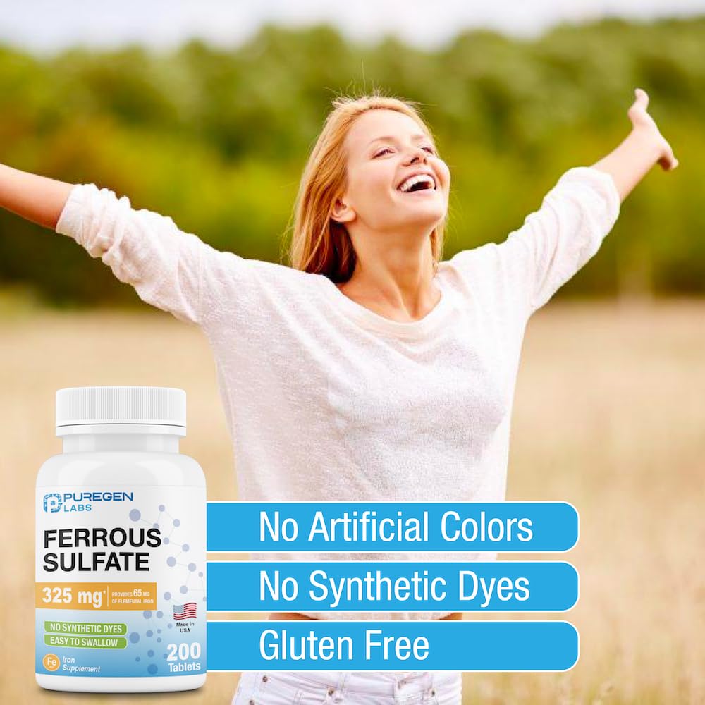 Foto 4 pulgar | Suplemento De Hierro Puregen Labs Sulfato Ferroso 325 Mg 200 Comprimidos - Venta Internacional.