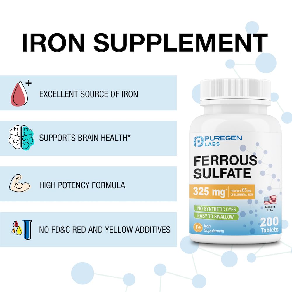 Foto 5 pulgar | Suplemento De Hierro Puregen Labs Sulfato Ferroso 325 Mg 200 Comprimidos - Venta Internacional.
