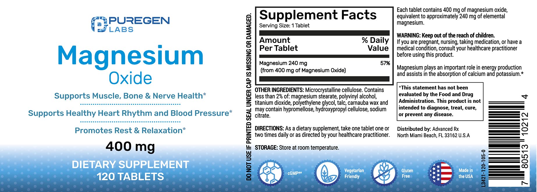 Foto 5 pulgar | Suplemento P Puregen Labs Magnesio 400 Mg De Alta Potencia - Venta Internacional.