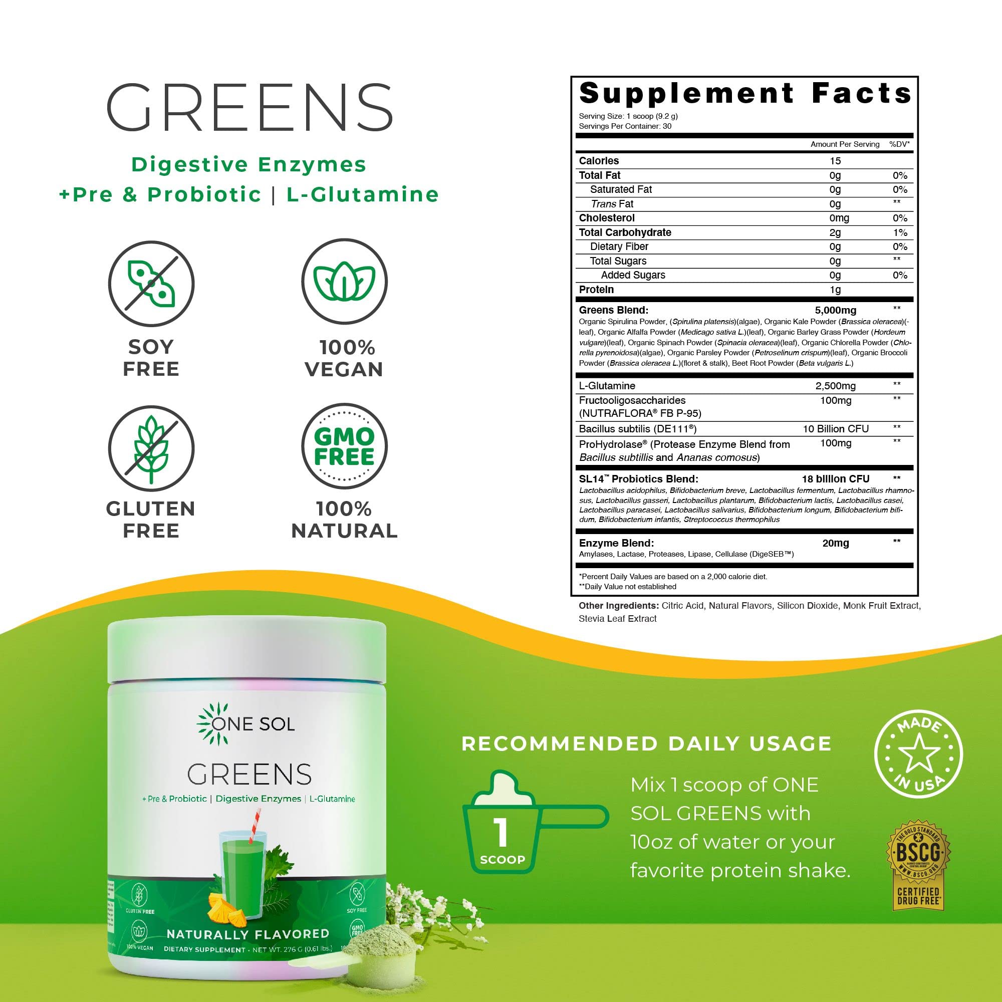 Foto 4 pulgar | Suplemento One Sol Greens Super Greens En Polvo, 300 Ml - Venta Internacional.