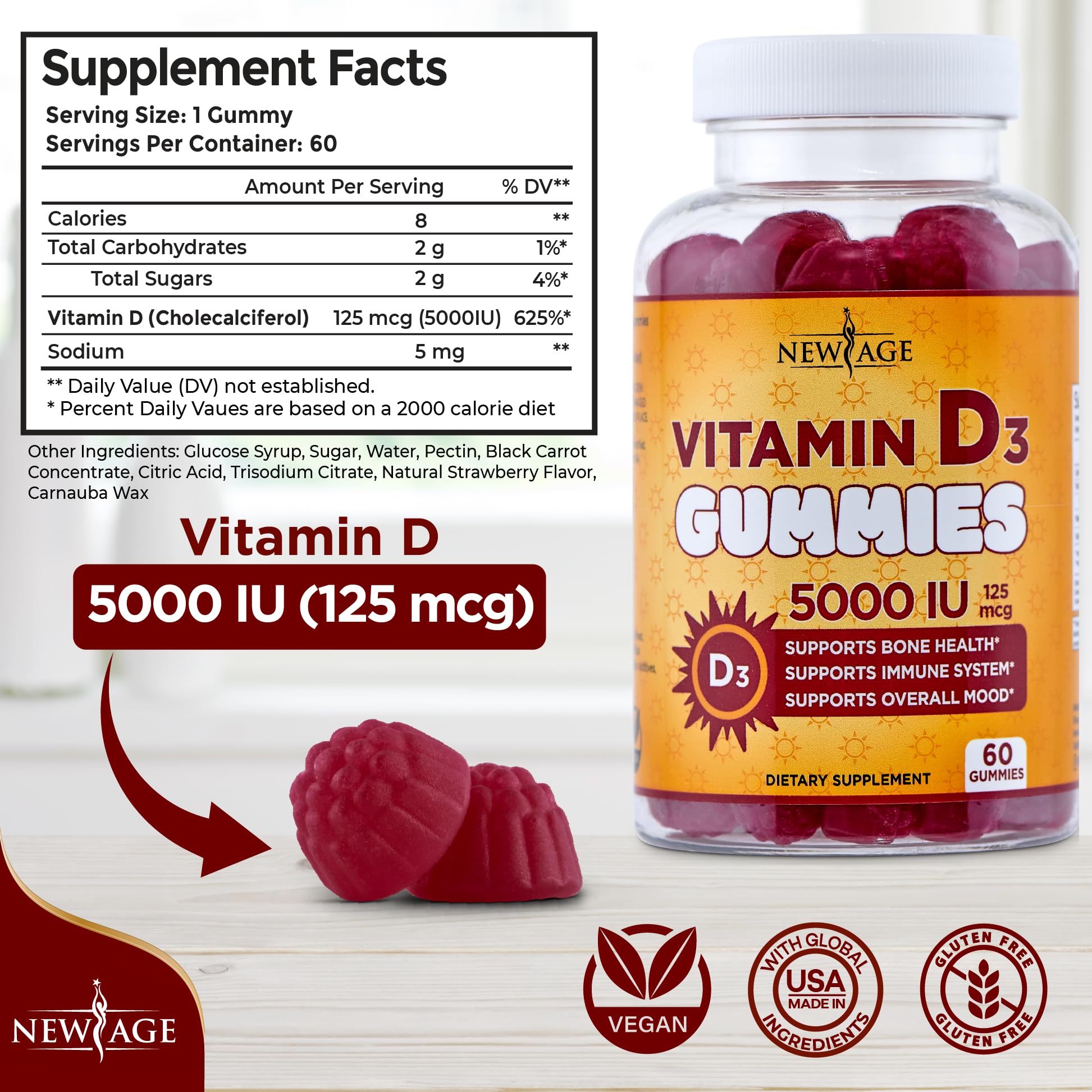 Foto 3 pulgar | Gomitas De Vitamina D3 New Age 5000 Ui 125 Mcg (60 Gomitas) - Venta Internacional.