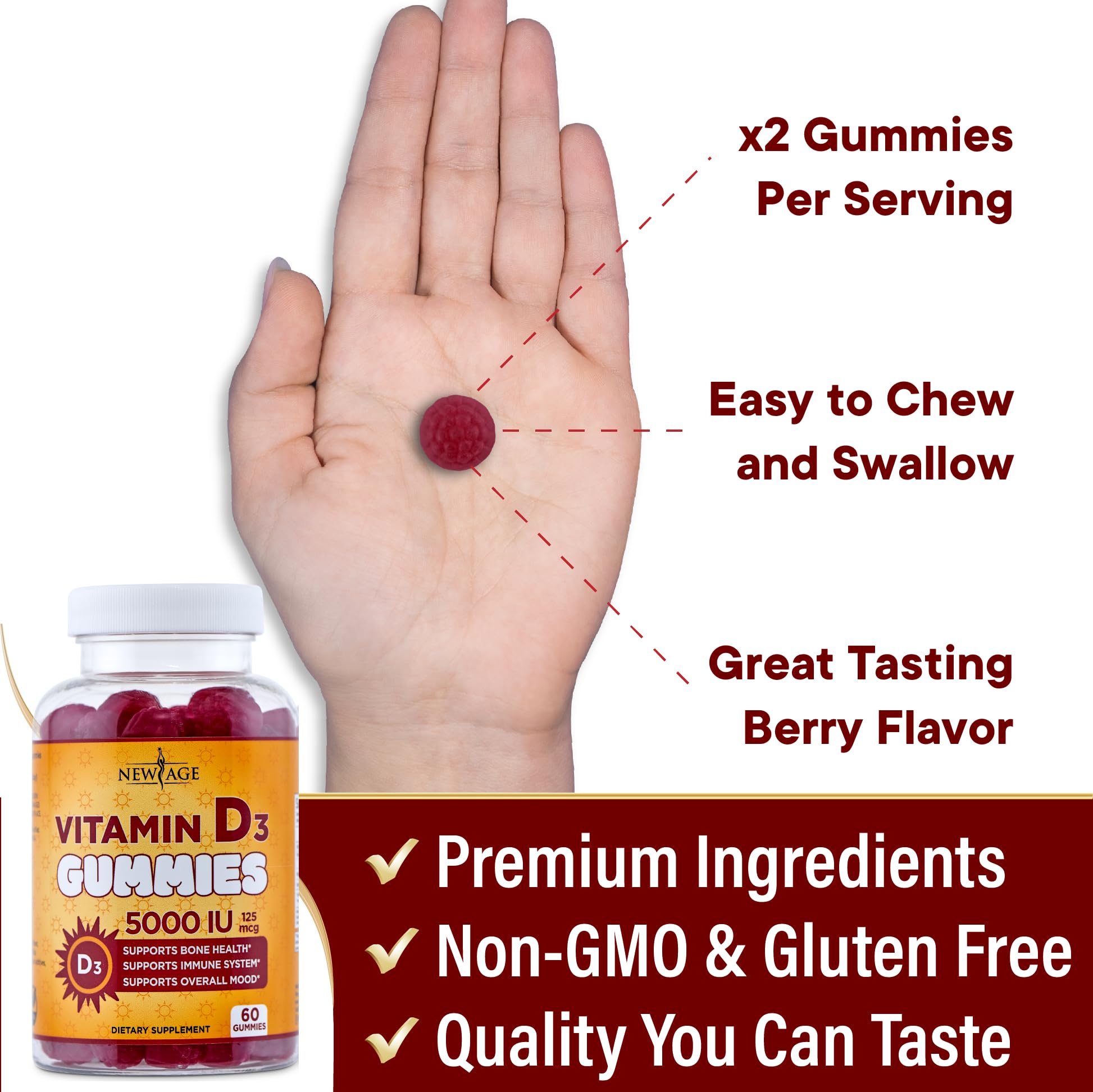 Foto 6 pulgar | Gomitas De Vitamina D3 New Age 5000 Ui 125 Mcg (60 Gomitas) - Venta Internacional.