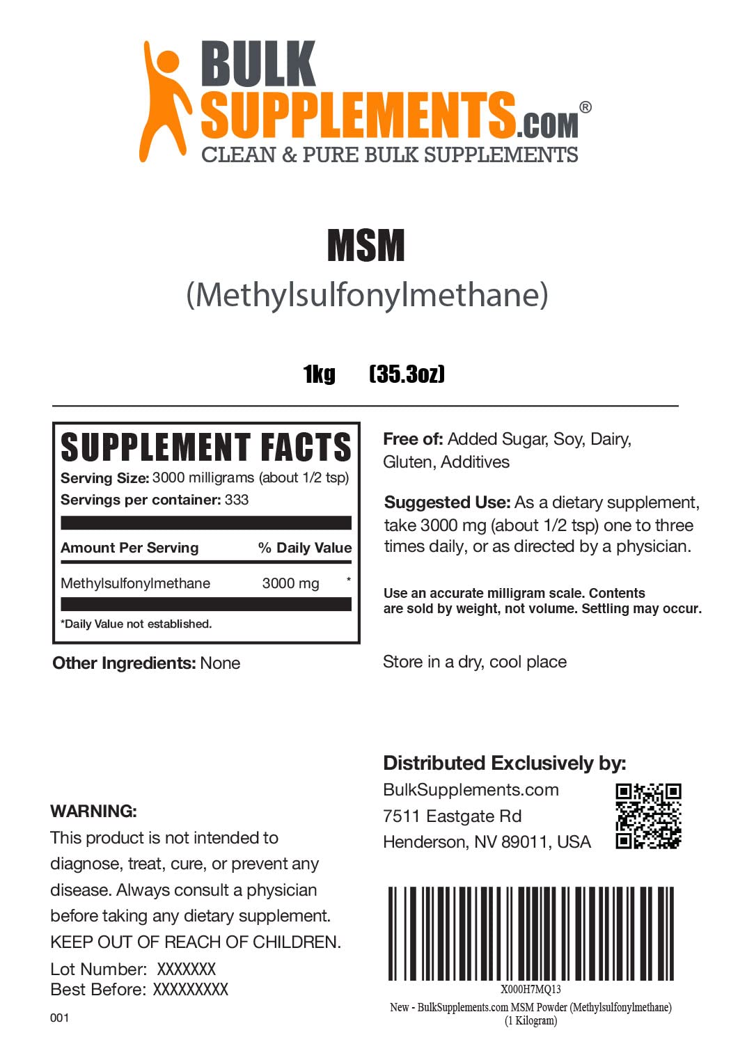 Foto 3 pulgar | Msm Powder Bulksupplements.com Metilsulfonilmetano 1 Kg - Venta Internacional.