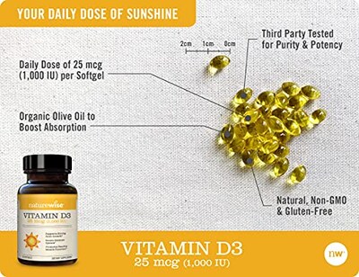 Foto 3 | Suplemento Naturewise De Vitamina D3 1000 Ui, 30 Cápsulas Blandas - Venta Internacional.