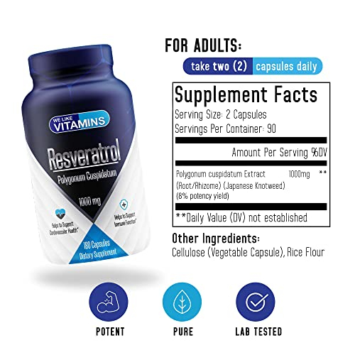 Foto 3 pulgar | Suplemento We Like Vitamins Resveratrol 1000 Mg 180 Cápsulas - Venta Internacional.