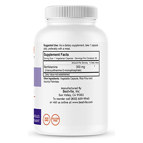 Foto 3 pulgar | Suplemento Bestvite Benfotiamina 300 Mg 180 Cápsulas Vegetales - Venta Internacional.