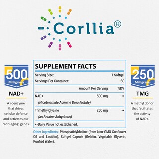 Foto 2 | Suplemento Corllia Liposomal Nad+ De 500 Mg Con Cápsula Blanda De 250 Mg De Tmg - Venta Internacional.