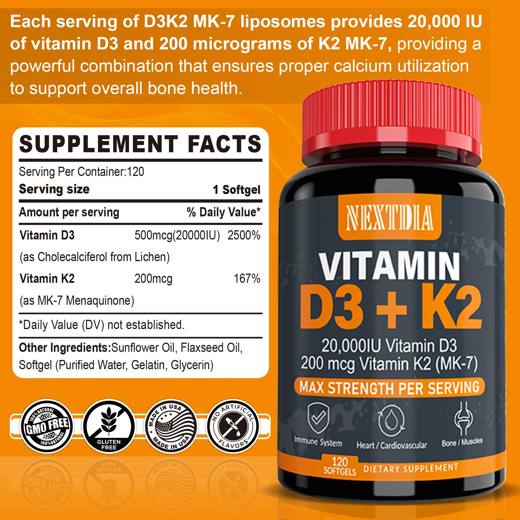 Foto 3 pulgar | Suplemento Nextdia De Vitamina D3 20,000 Ui + K2 (mk7) 200 Mcg - Venta Internacional.