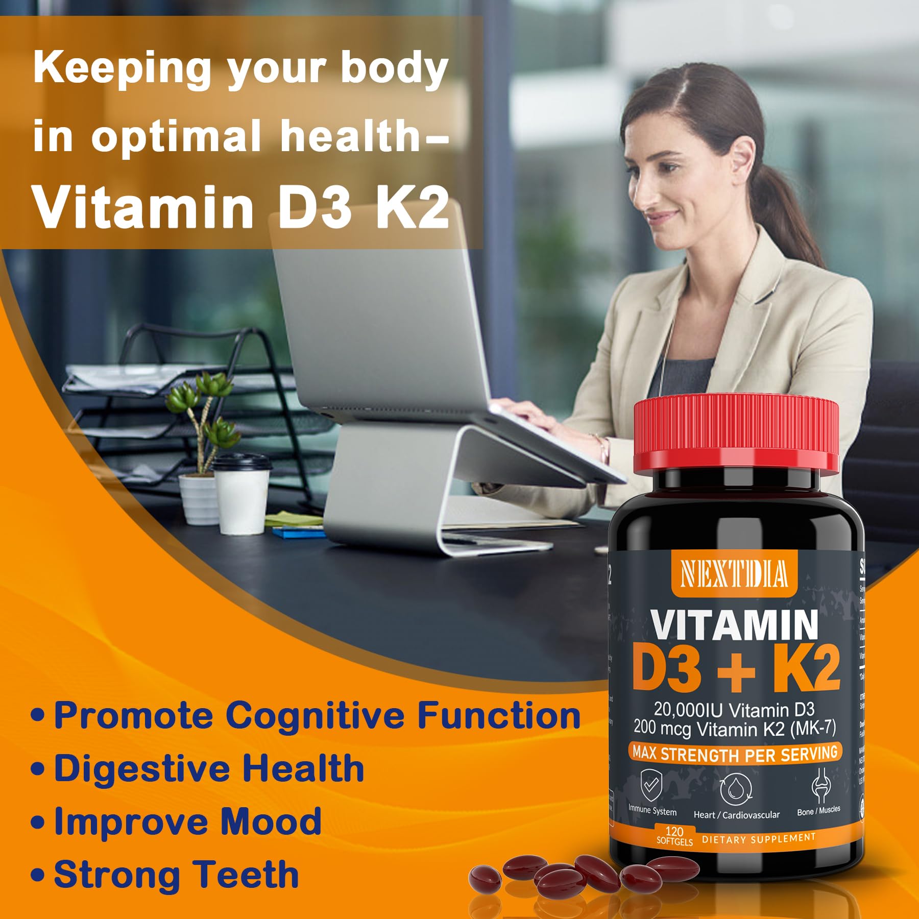 Foto 5 pulgar | Suplemento Nextdia De Vitamina D3 20,000 Ui + K2 (mk7) 200 Mcg - Venta Internacional.