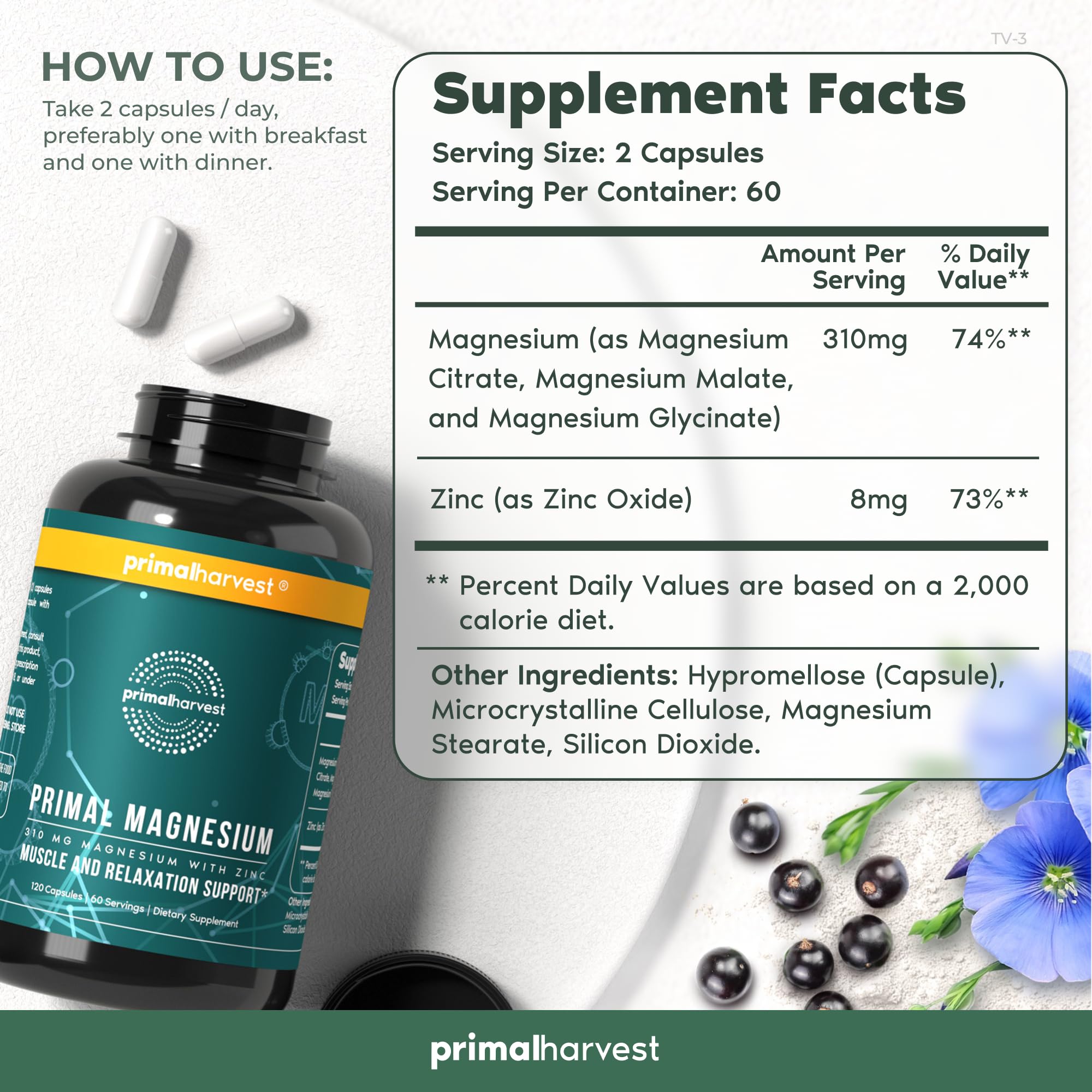 Foto 4 pulgar | Suplemento De Complejo De Magnesio De 310 Mg Primal Harvest Con Zinc - Venta Internacional.