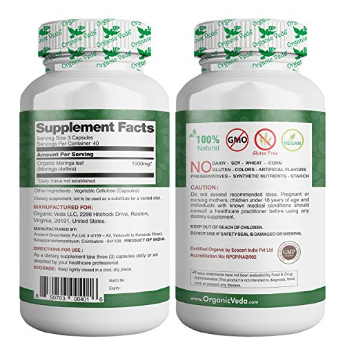 Foto 3 pulgar | Suplemento Orgánico Veda Moringa En Cápsulas, 120 Unidades - Venta Internacional.