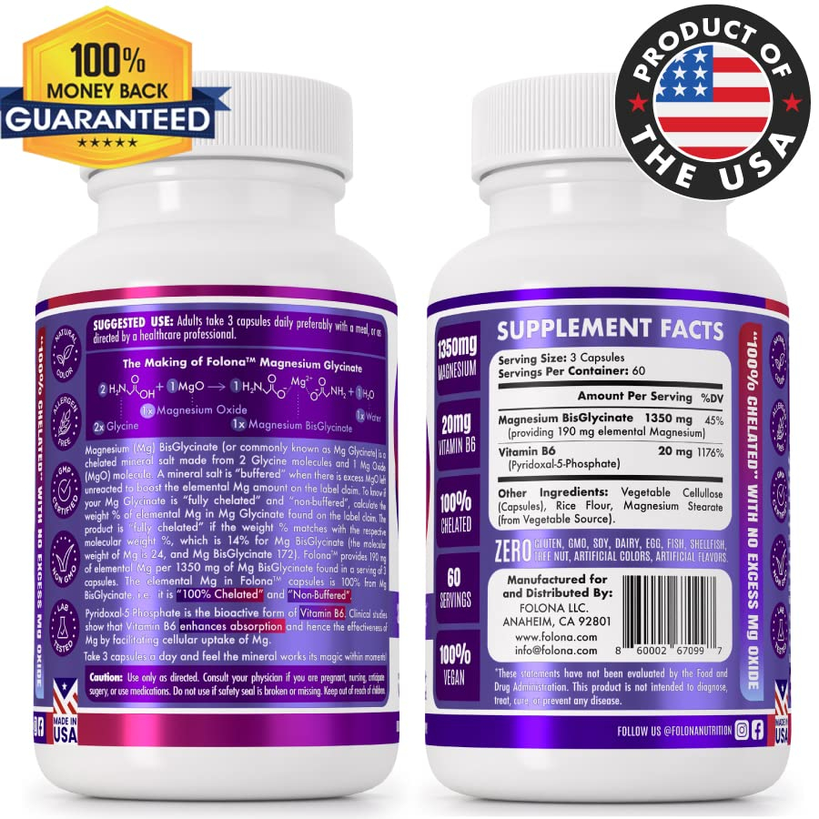 Foto 3 pulgar | Suplemento Folona De Glicinato De Magnesio 1350 Mg Con Vitamina B6 - Venta Internacional.
