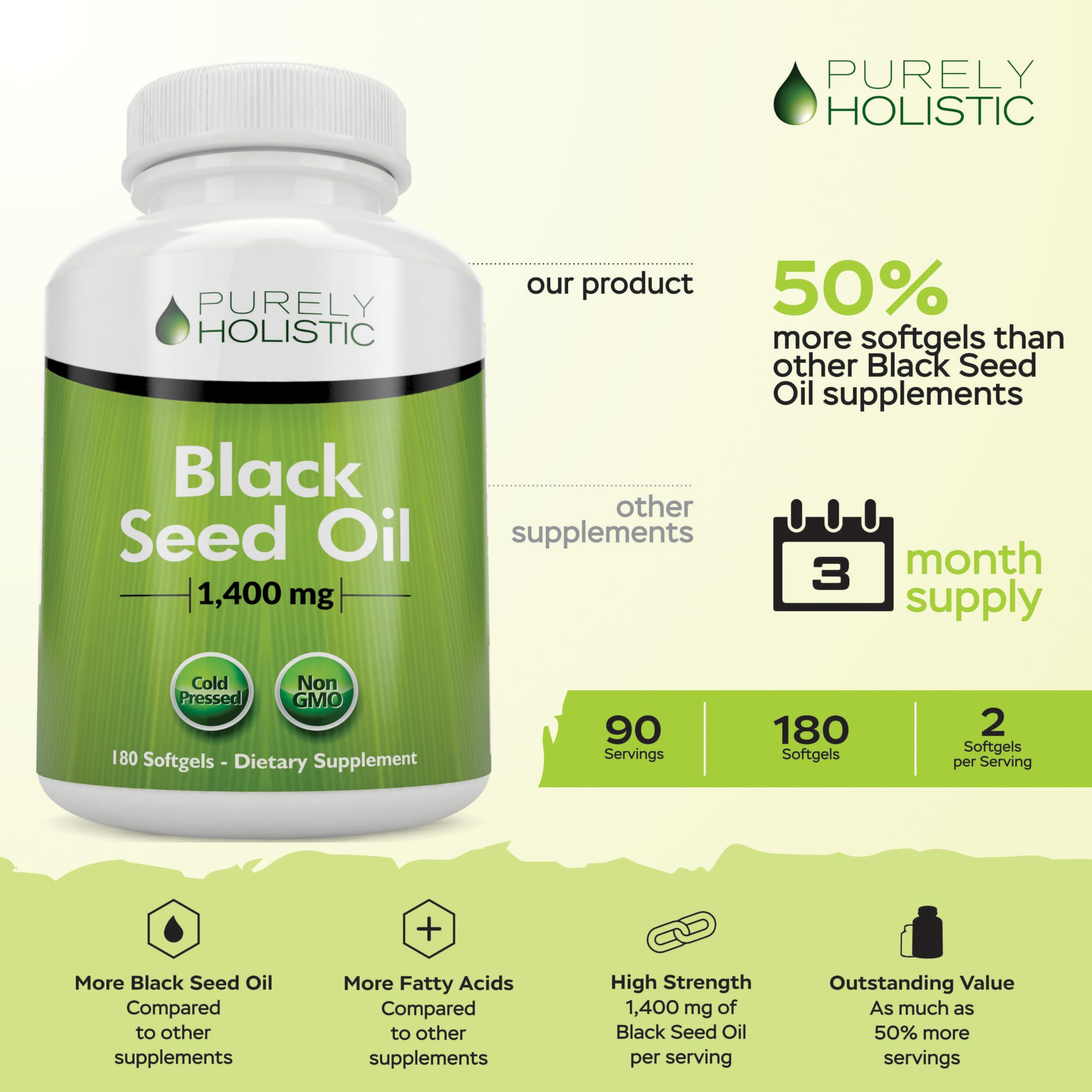 Foto 3 pulgar | Suplemento De Aceite De Semilla Negra Purely Holistic 1400 Mg 180 Cápsulas - Venta Internacional.