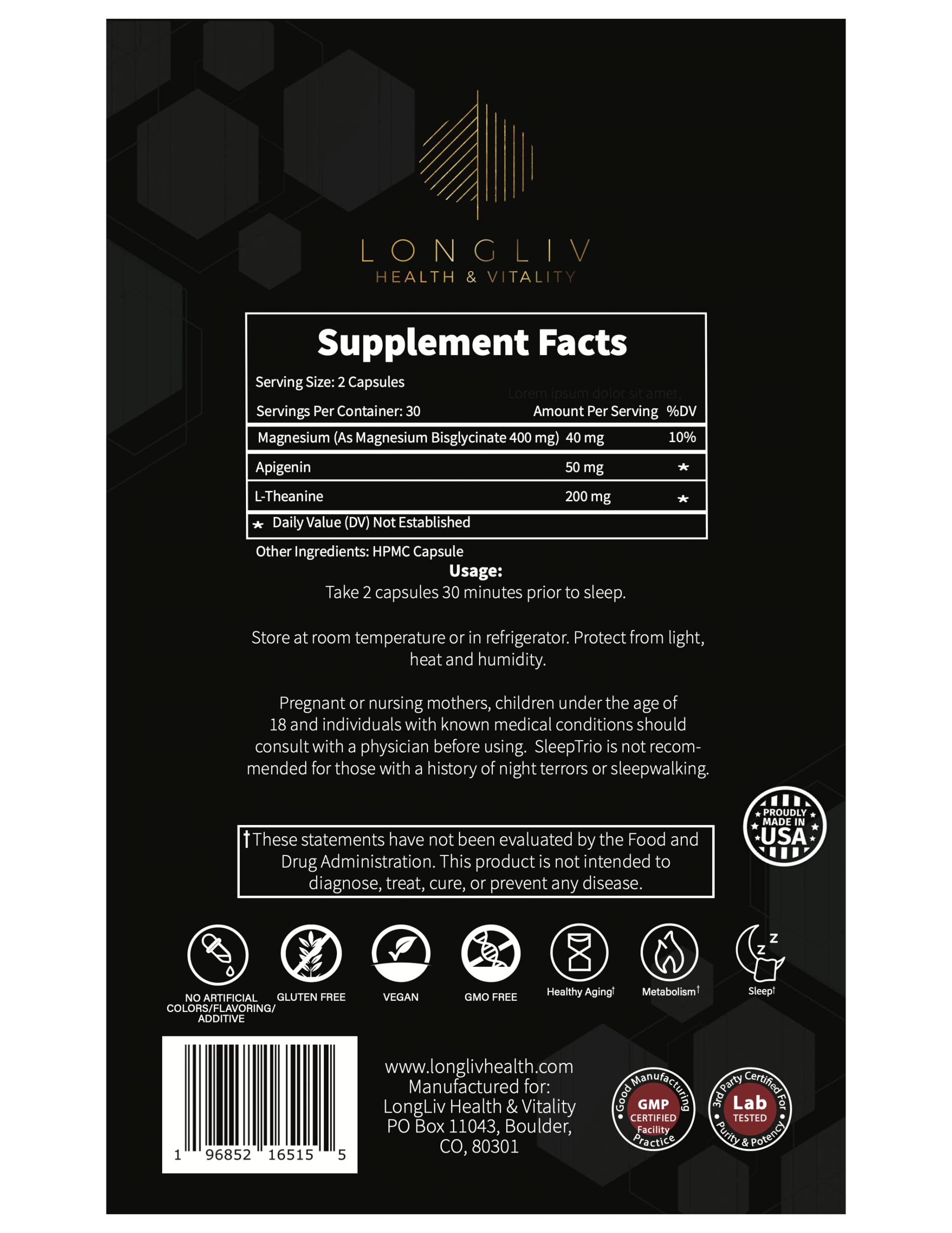 Foto 7 | Suplemento Para Dormir Longliv Magnesio Apigenina L-teanina - Venta Internacional.