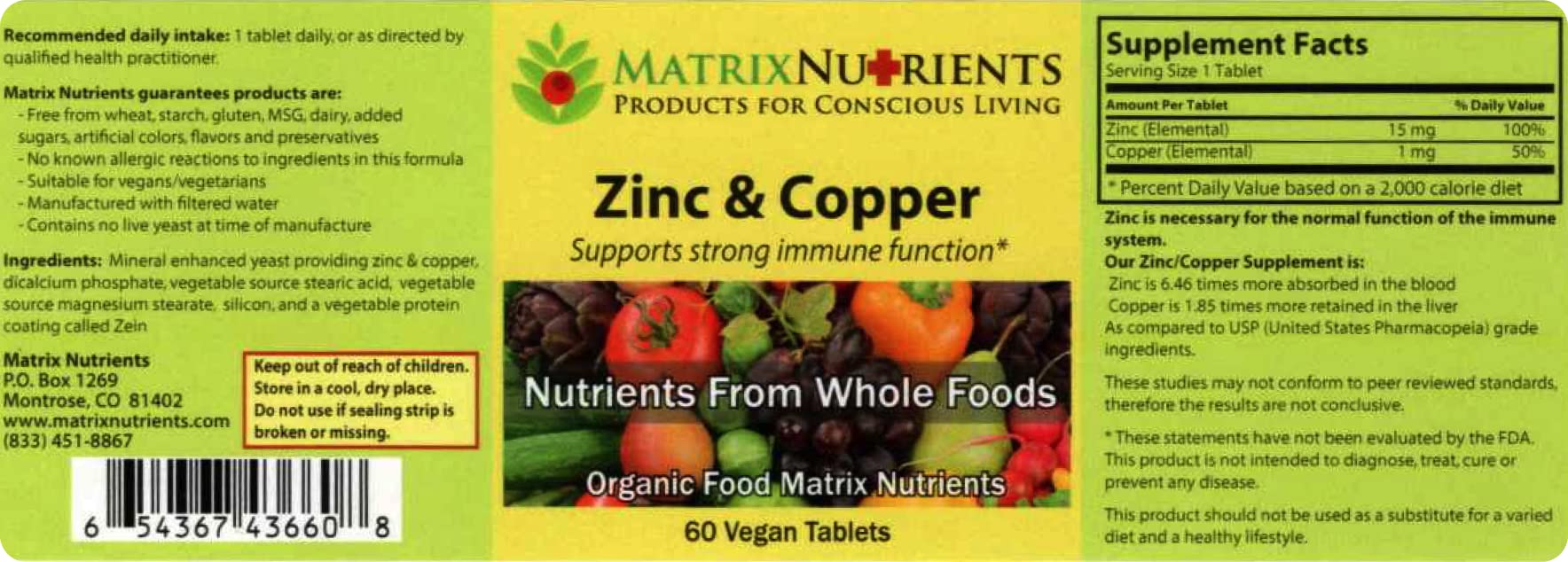 Foto 3 pulgar | Suplemento Matrix Nutrients De Zinc Y Cobre - Venta Internacional.
