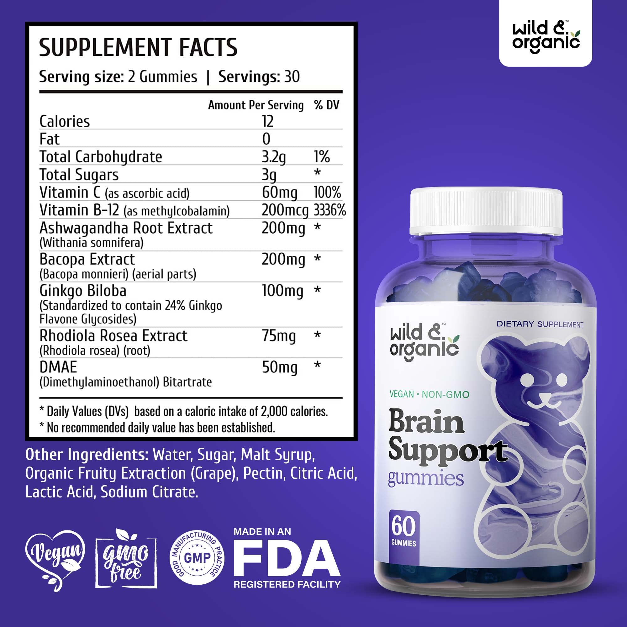 Foto 3 pulgar | Gomitas Brain Booster Supplement Wild & Organic 60 Unidades - Venta Internacional.