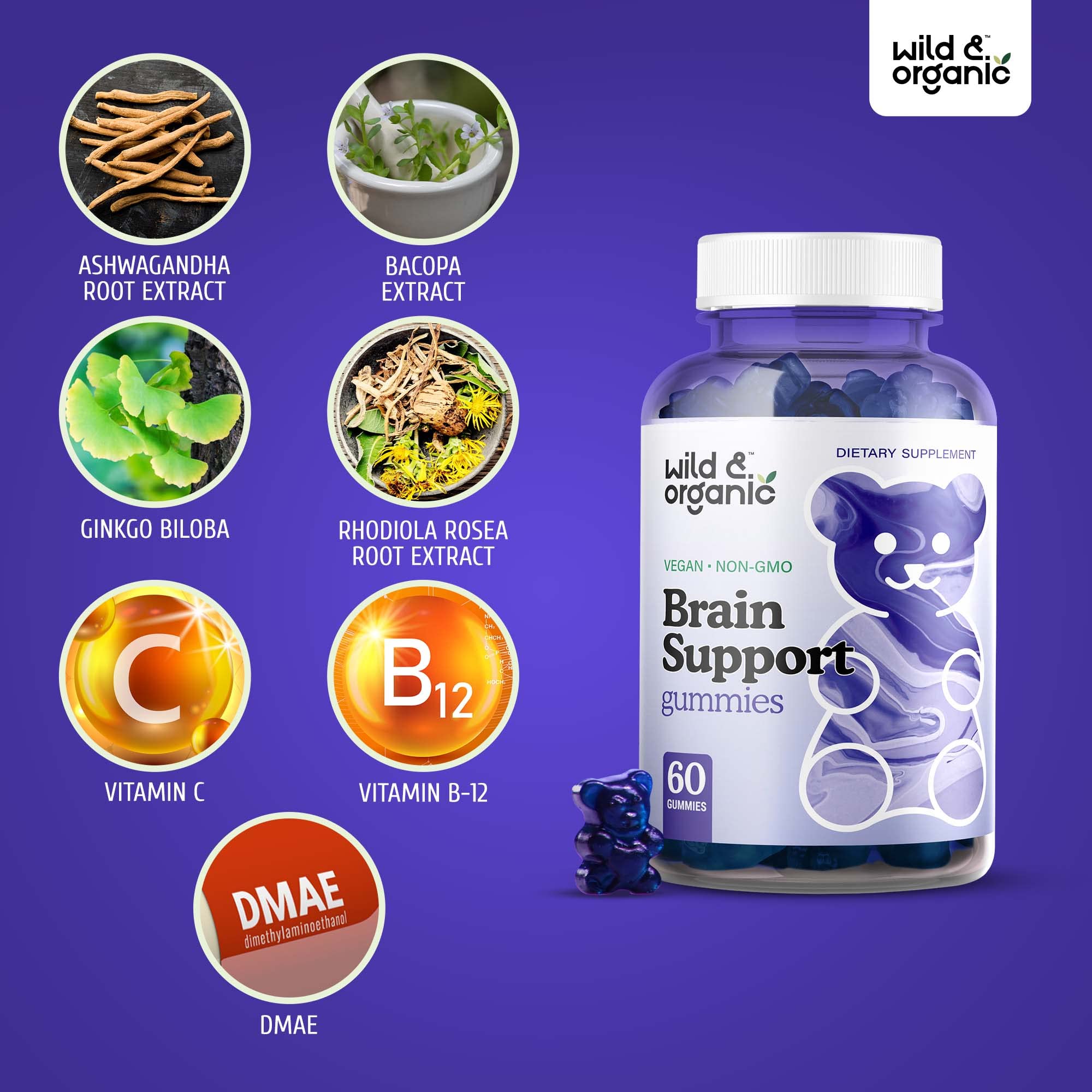 Foto 6 pulgar | Gomitas Brain Booster Supplement Wild & Organic 60 Unidades - Venta Internacional.
