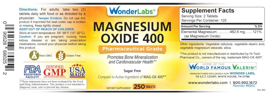 Foto 4 | Suplemento Wonder Labs De Óxido De Magnesio 400 250 Comprimidos - Venta Internacional.