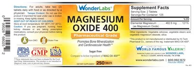 Foto 4 | Suplemento Wonder Labs De Óxido De Magnesio 400 250 Comprimidos - Venta Internacional.