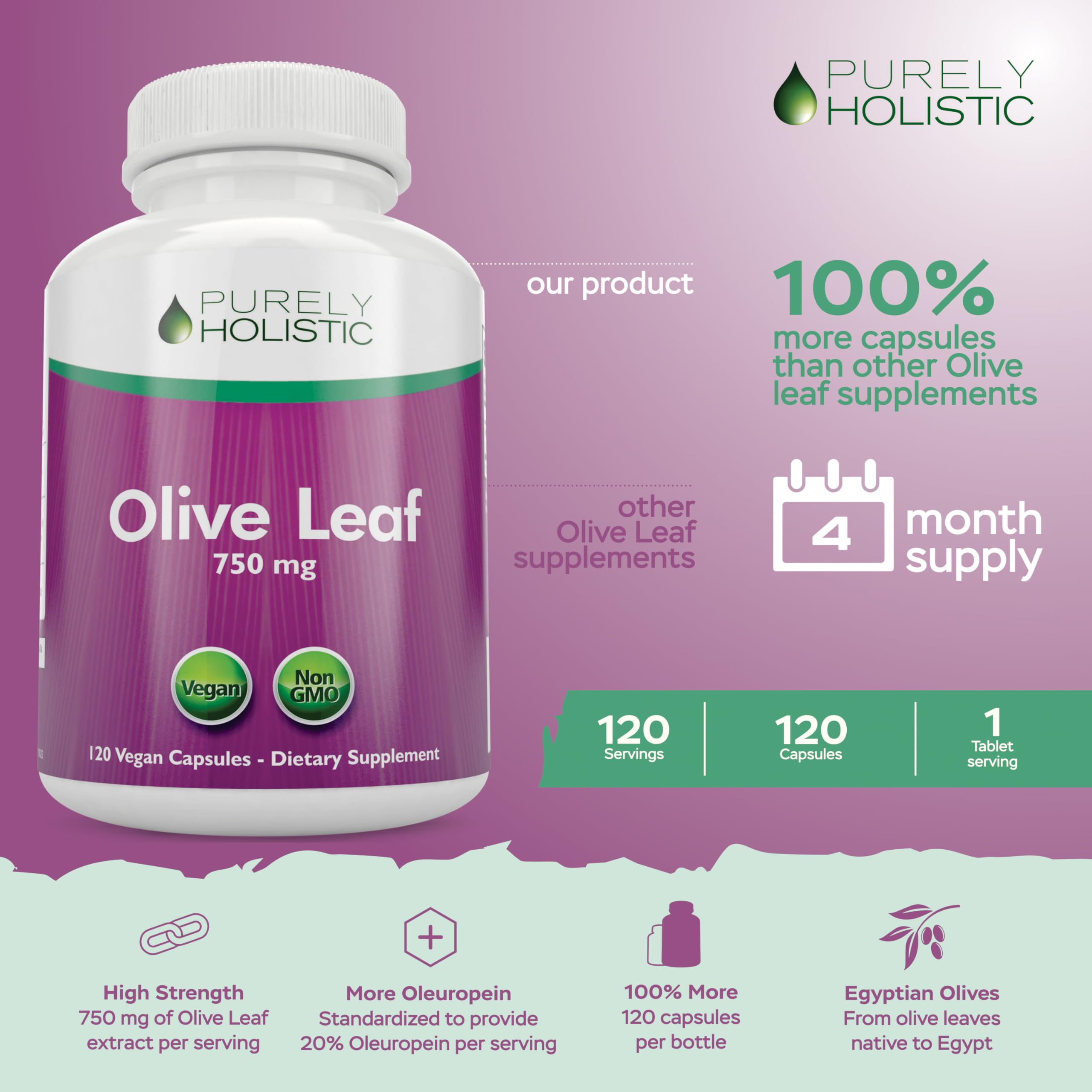 Foto 2 | Suplemento De Extracto De Hoja De Olivo Puramente Holístico 750 Mg X120 - Venta Internacional.