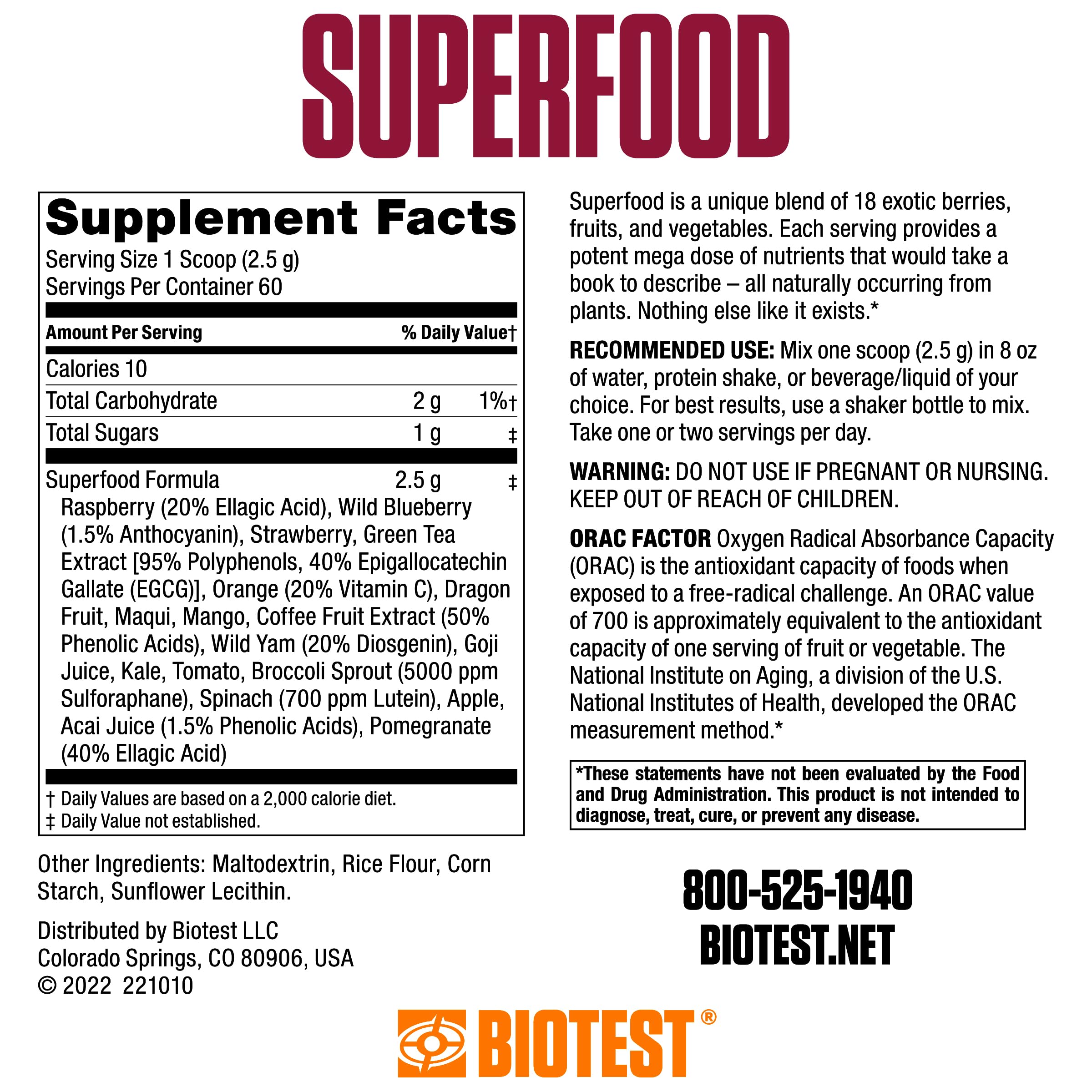 Foto 3 pulgar | Mezcla De Superalimentos En Polvo Biotest 18 Alimentos Integrales Bayas Y Frutas - Venta Internacional