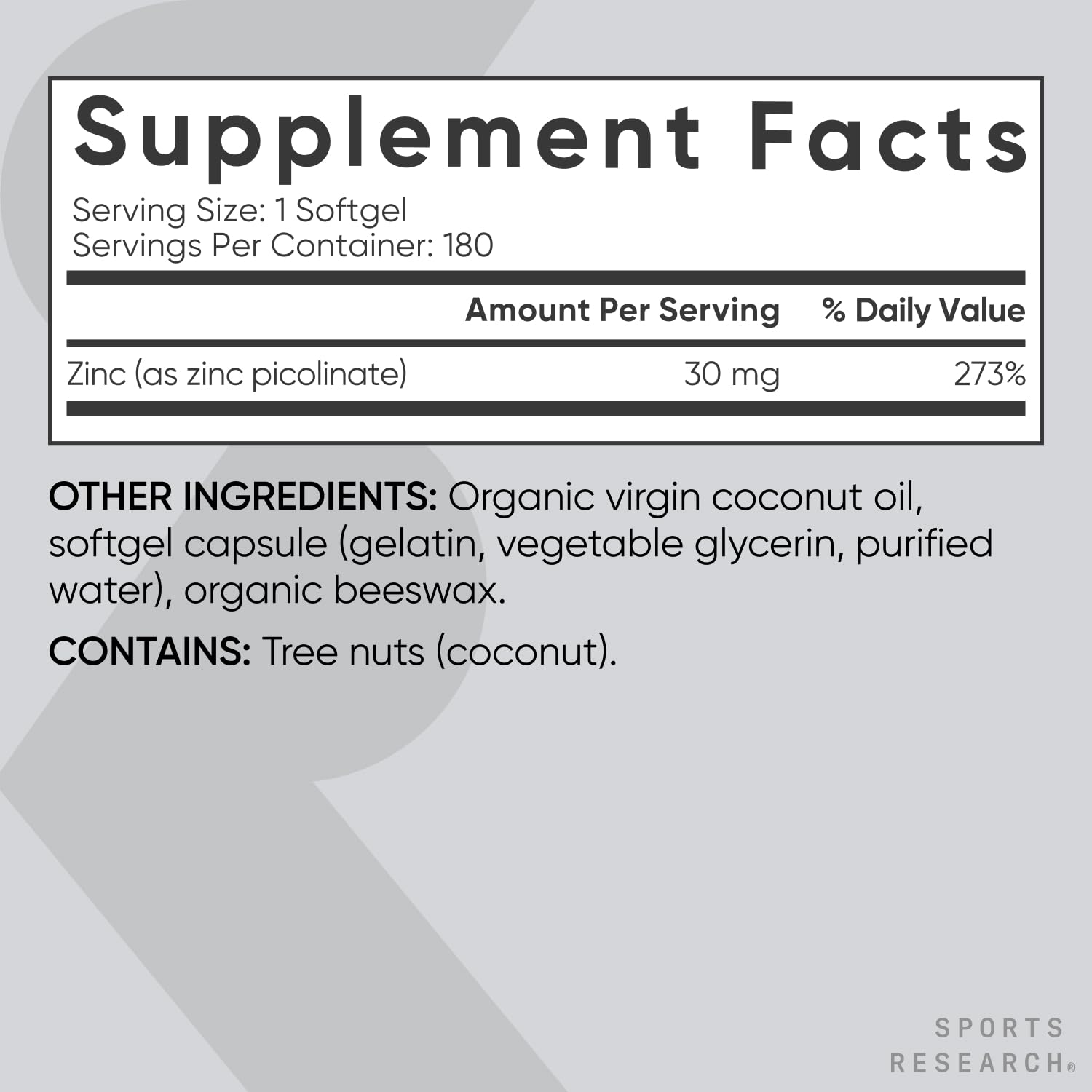 Foto 4 pulgar | Suplemento de Zinc Sports Research Alta Potencia 30 mg 180 g - Venta Internacional