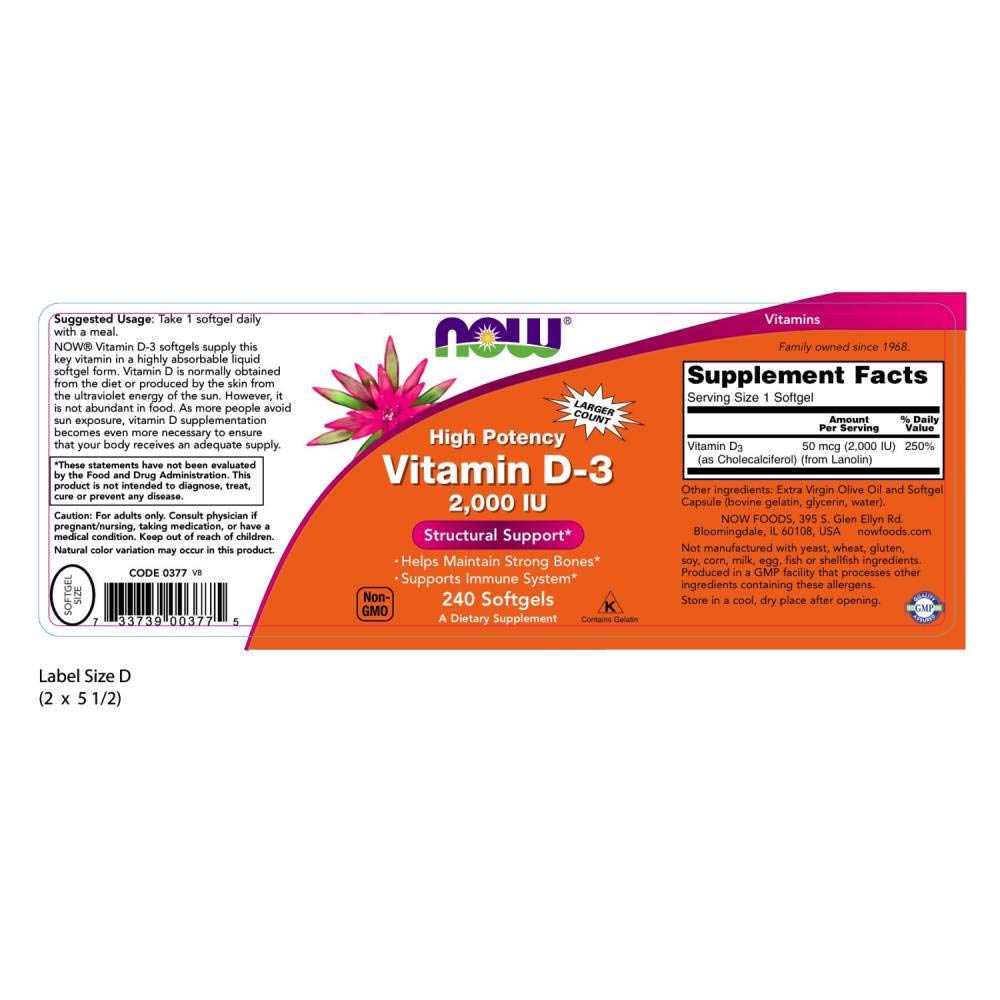 Foto 3 pulgar | Suplemento Now de Vitamina D-3 2000 UI 240 Cápsulas Blandas - Venta Internacional