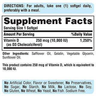 Foto 2 | Suplemento Puritan's Pride con Vitamina D3 10000 Ui 100 Cápsulas Blandas - Venta Internacional