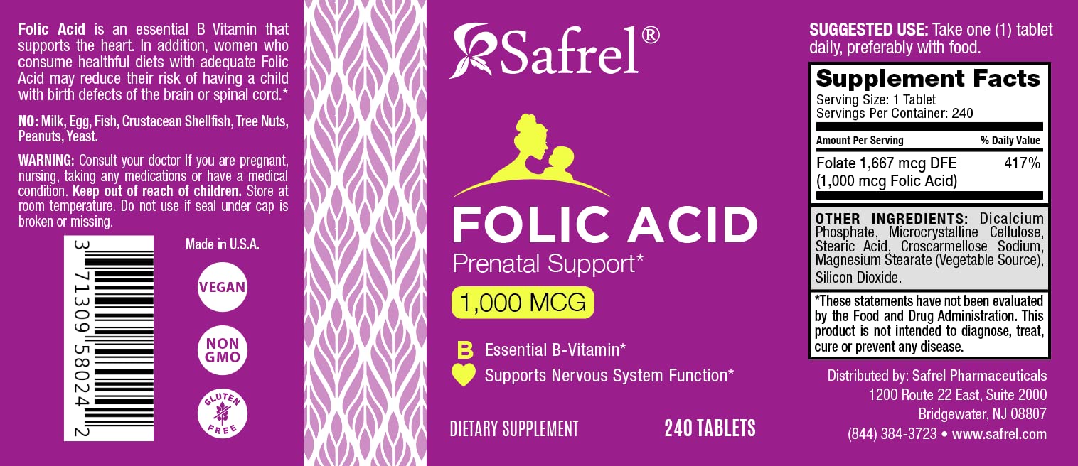 Foto 5 pulgar | Suplemento de Ácido Fólico Safrel 1 Mg (1000 Mcg) 240 Tabletas - Venta Internacional