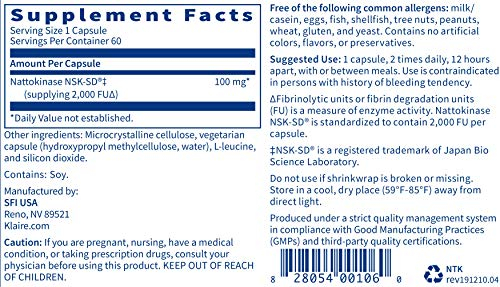 Foto 6 pulgar | Suplemento Nattokinase Nsk-sd De Klaire Labs 60 Cápsulas - Venta Internacional