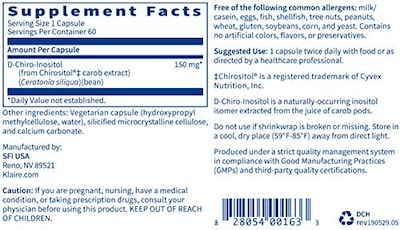 Foto 5 | Suplemento D-chiro-inositol De Klaire Labs 150 Mg 60 Cápsulas - Venta Internacional.