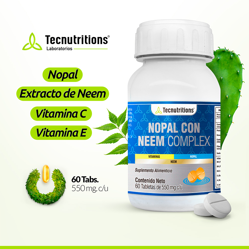 Foto 3 pulgar | Suplemento Tecnutritions Nopal Con Neem Complex 60 Tabletas