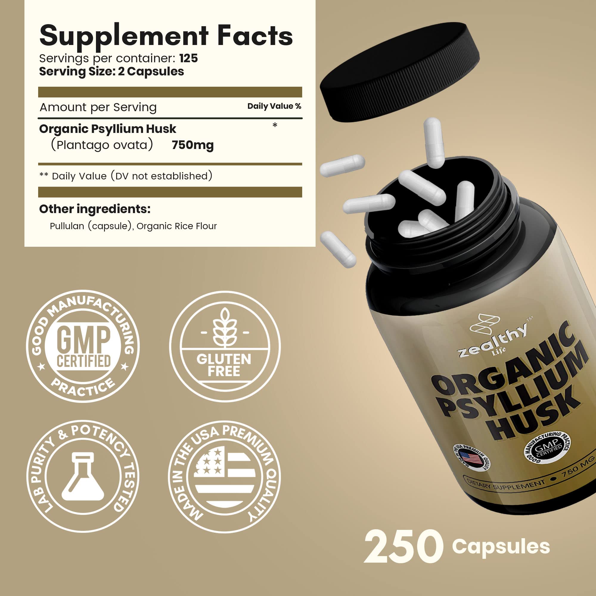 Foto 6 | Cápsulas De Cáscara De Psilio Z Zealthy Life 375 Mg De Fibra Soluble - Venta Internacional.