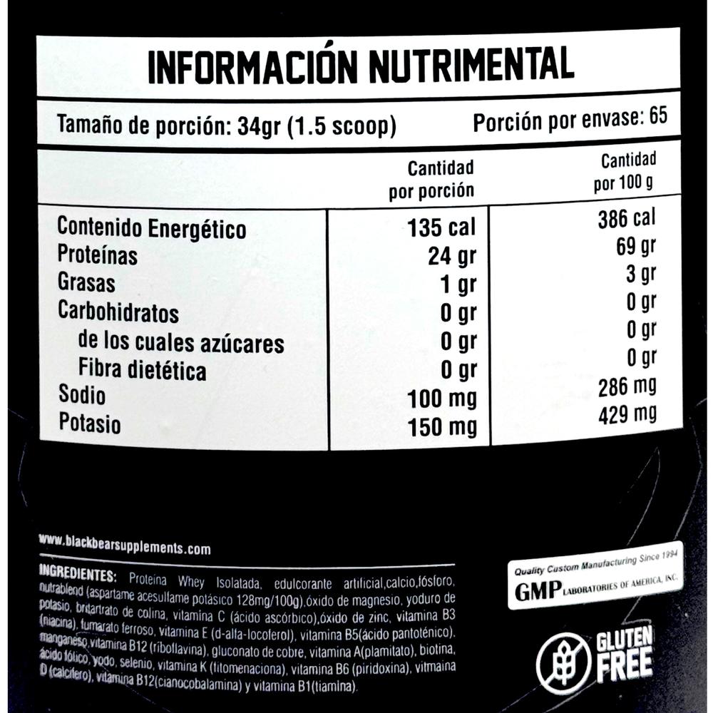 Foto 3 pulgar | Proteína Zero Carbs 2.2 Kg Vainilla 65 Serv Isolatada Blackbear
