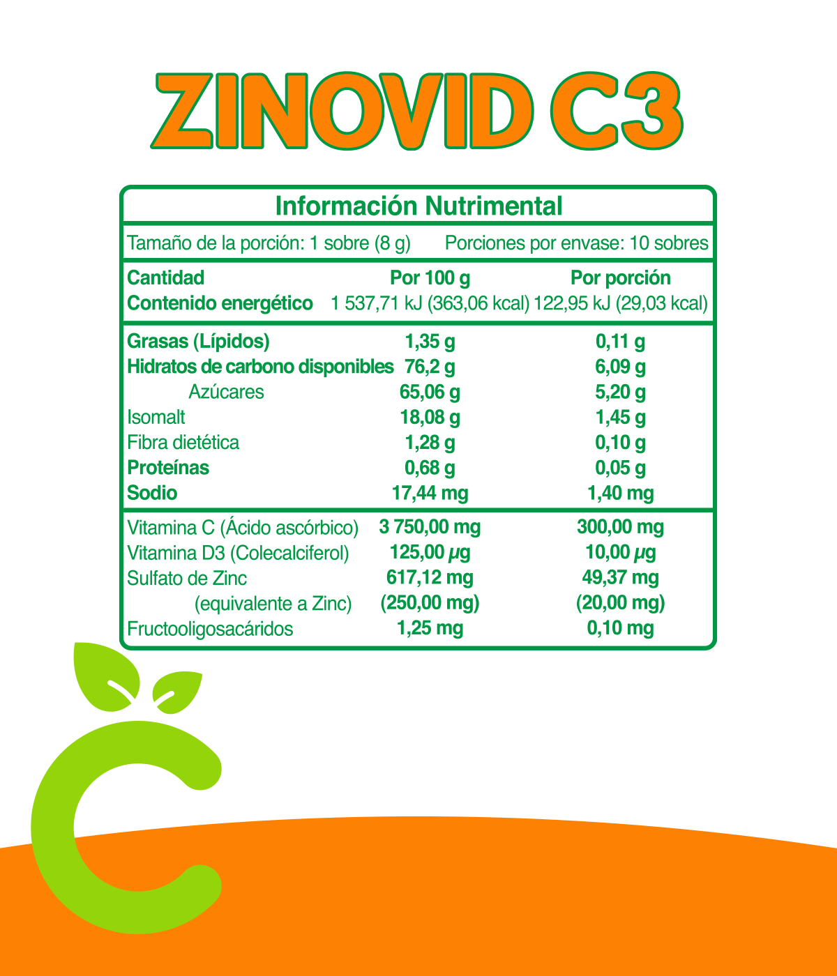 Foto 3 pulgar | Zinovid C3 CMD Laboratorio Vitaminas C D3 y Zinc en Polvo con 10 Sobres
