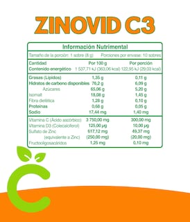 Foto 2 | Zinovid C3 CMD Laboratorio Vitaminas C D3 y Zinc en Polvo con 10 Sobres