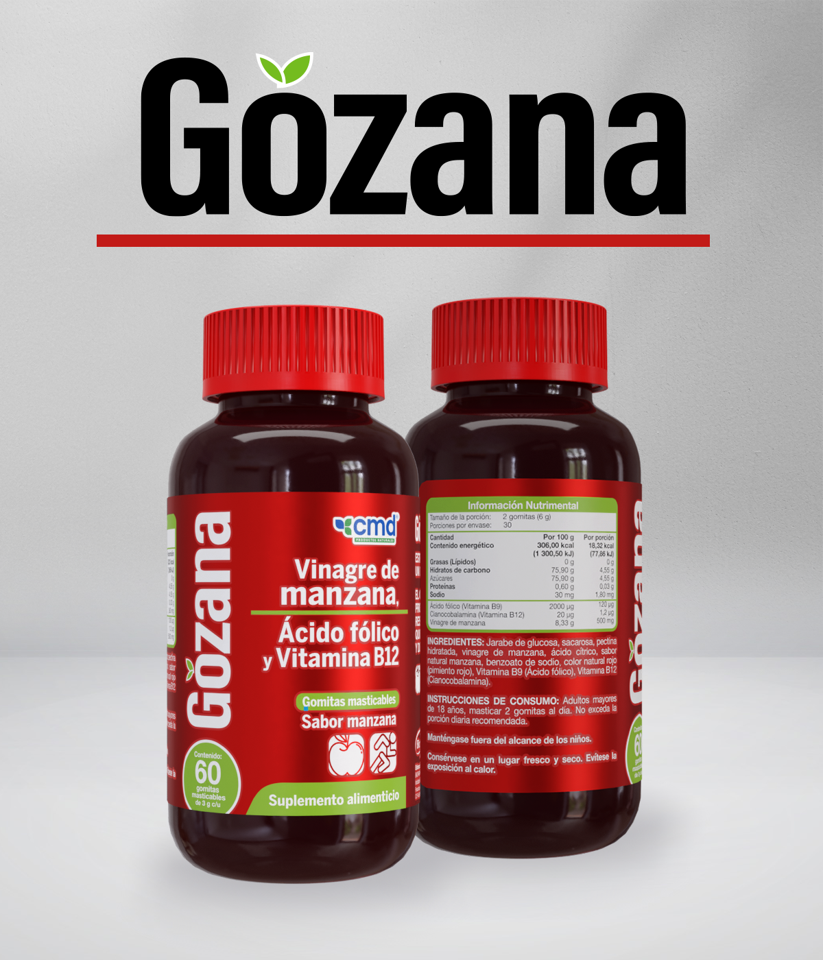 Foto 5 pulgar | Gozana Dúo Vinagre De Sidra De Manzana, Ácido Fólico Y Vitamina B12 Con 60 Gomitas Masticables