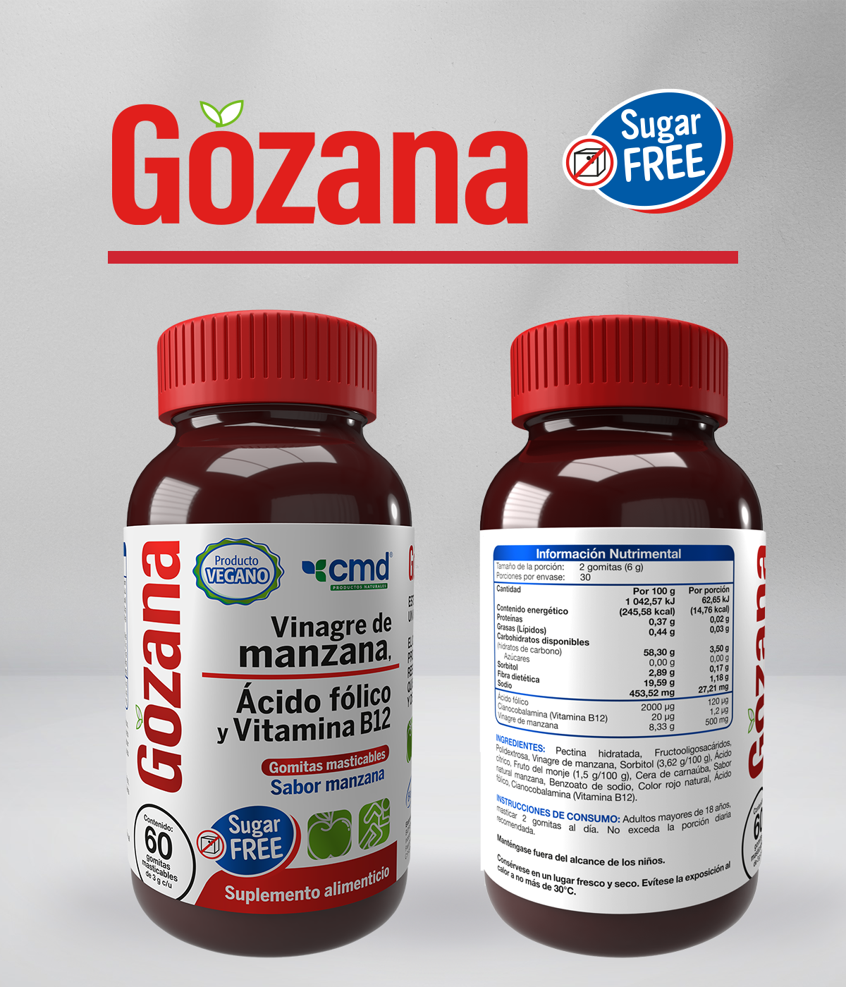 Foto 5 pulgar | Gozana Sugar Free Dúo Vinagre De Sidra De Manzana Ácido Fólico Y Vitamina B12 Con 60 Gomitas Masticables Sin Azúcar