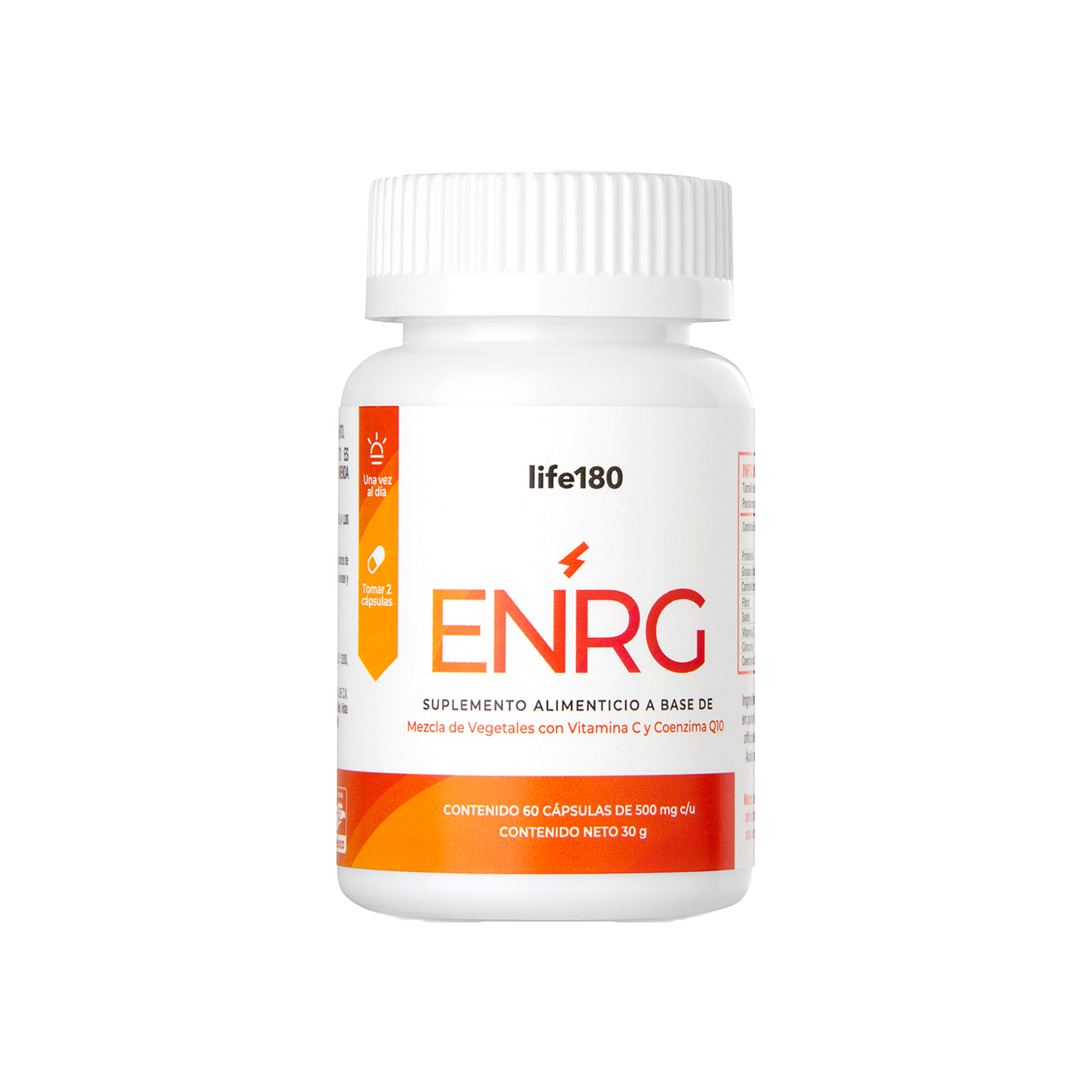 Suplemento Energía Life180 para el Día Coenzima Q10 Vitamina C Cúrcuma Jengibre y Pimienta color Negro 60 Cápsulas