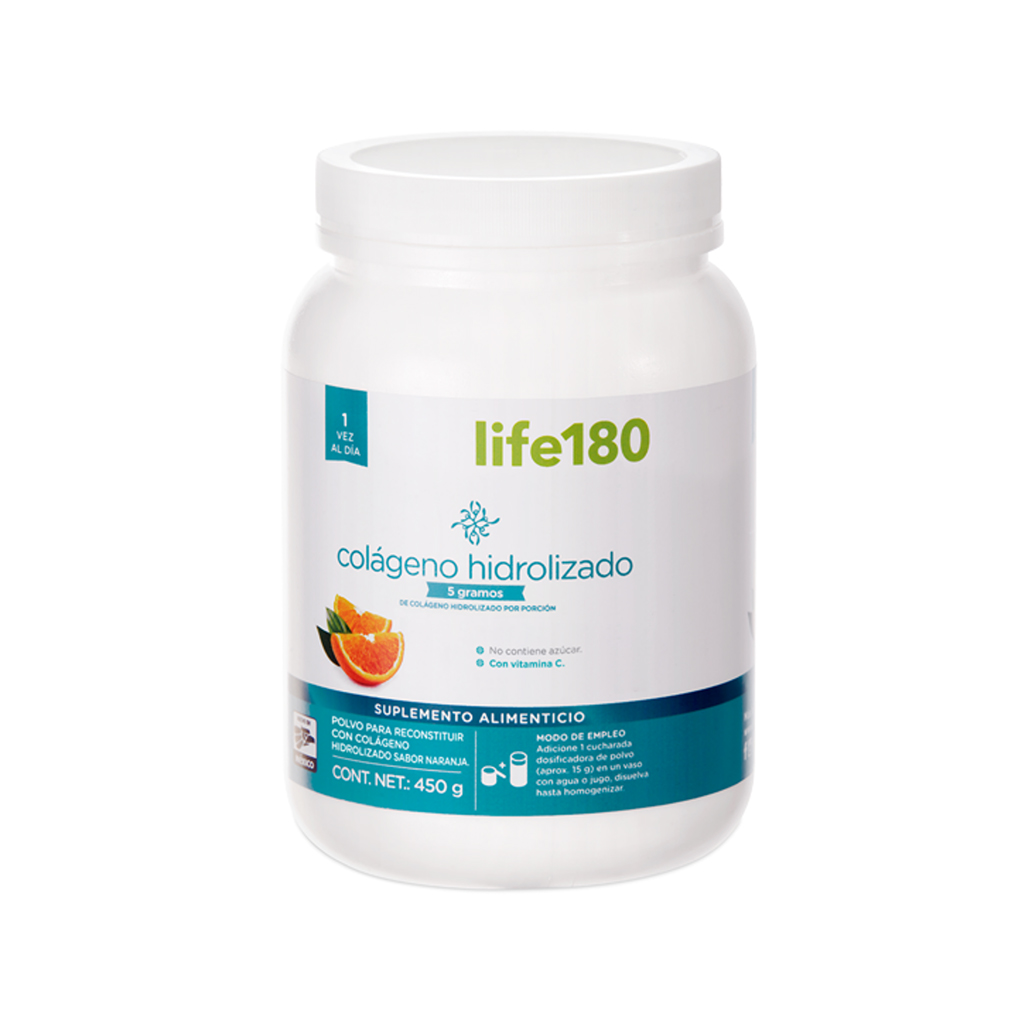 Colágeno Hidrolizado en Polvo Life180 Sabor Naranja 450gr 5gr de Colágeno por Porción con 30 Porciones
