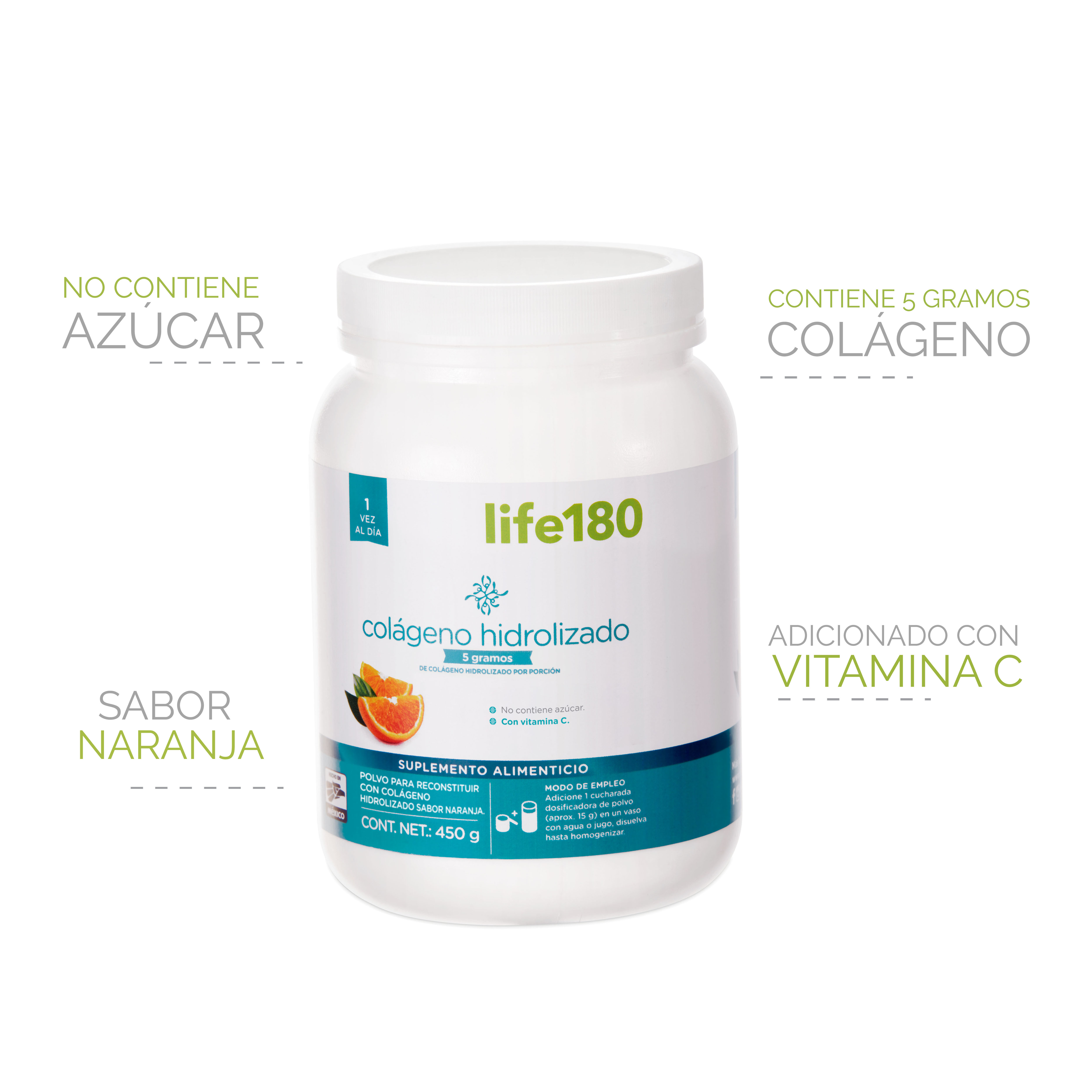 Foto 4 pulgar | Colágeno Hidrolizado en Polvo Life180 Sabor Naranja 450gr 5gr de Colágeno por Porción con 30 Porciones