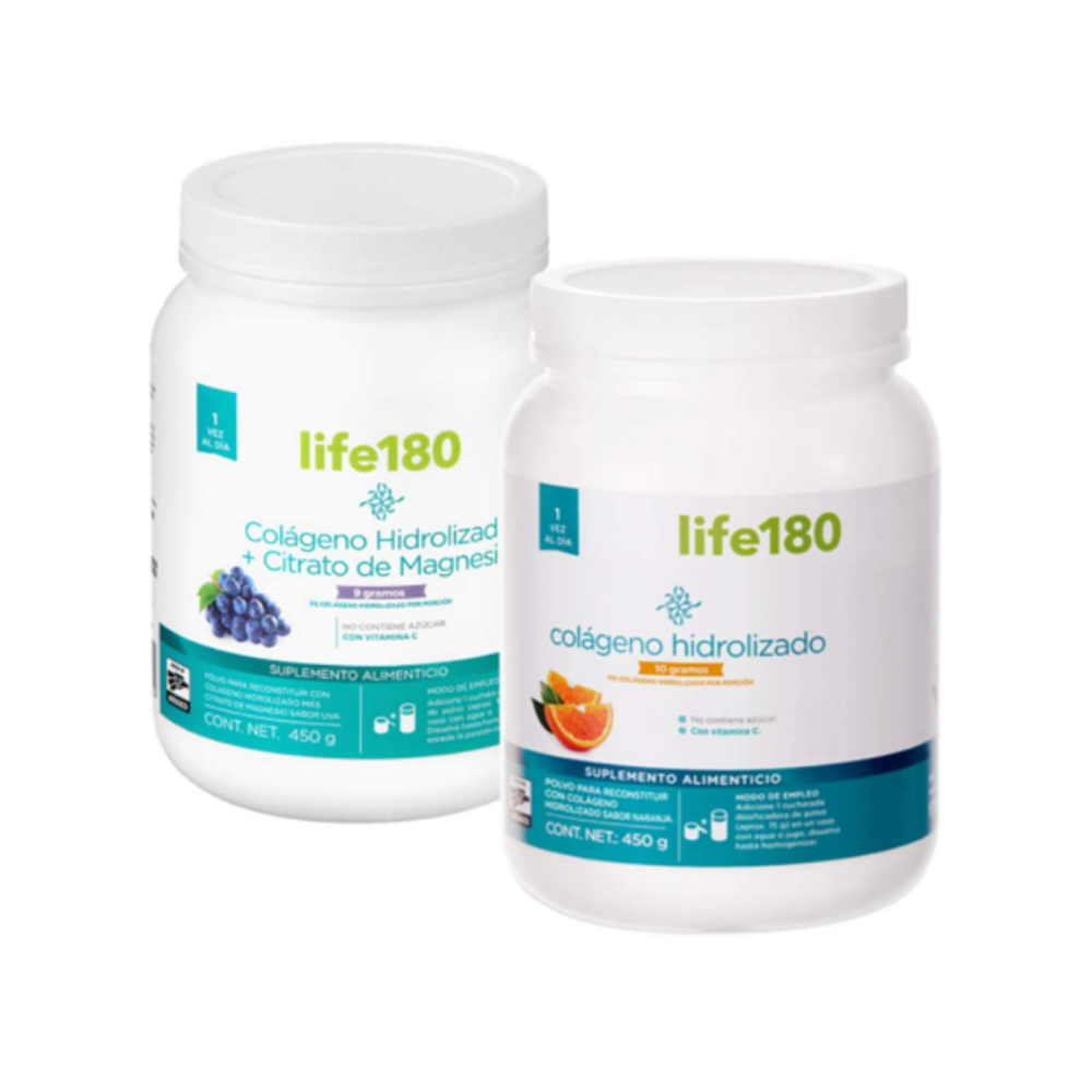 Paquete de Colágeno Hidrolizado Life180 con Magnesio en Polvo y Colágeno Hidrolizado 10g en Polvo