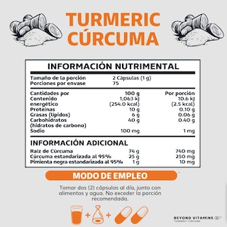Foto 5 | Turmeric Cúrcuma con Extracto de Raíz de Cúrcuma, Pimienta Negra y Vitaminas Suplemento Alimenticio Beyond V