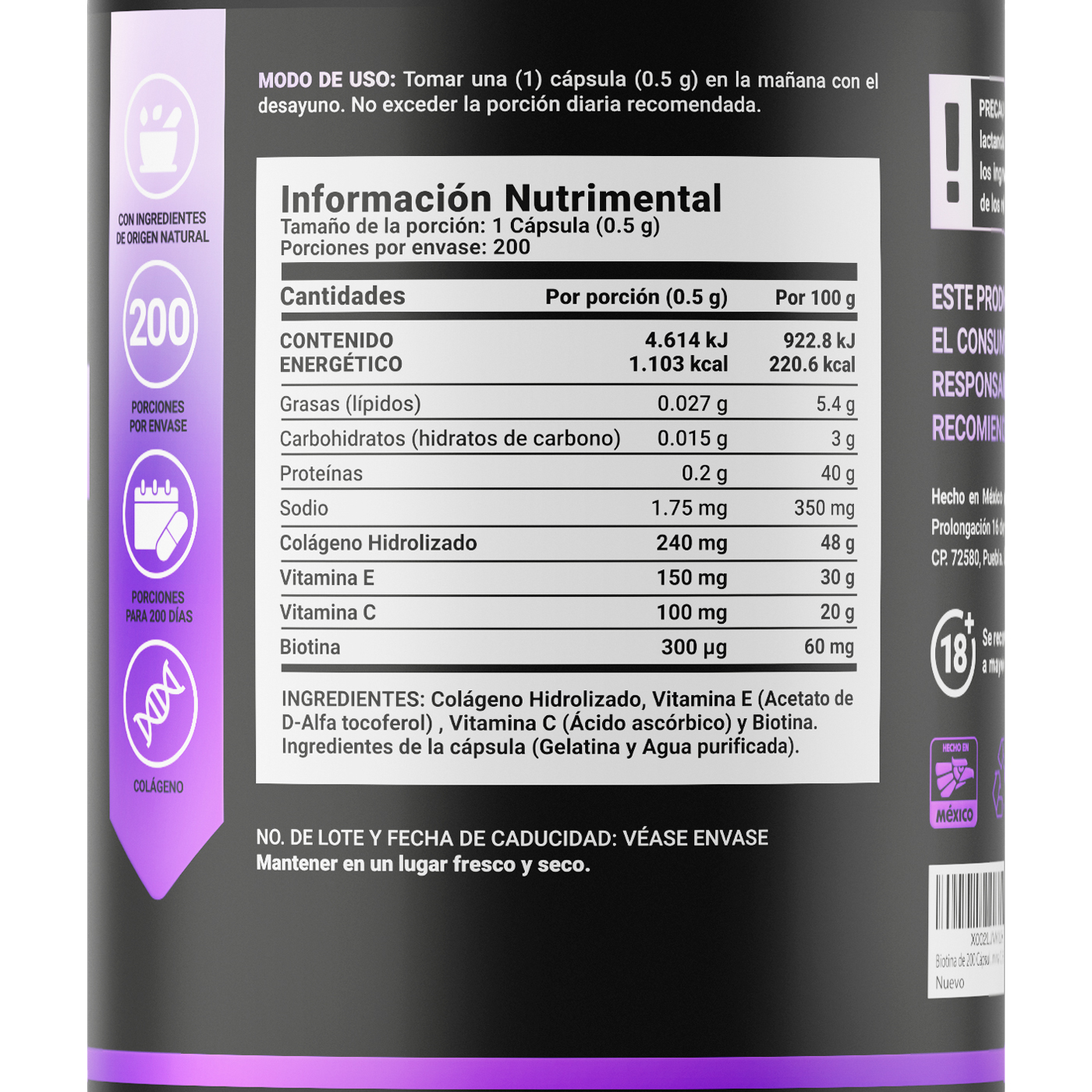 Foto 3 pulgar | Biotina Colágeno y Vitamina E B Life 200 Capsulas