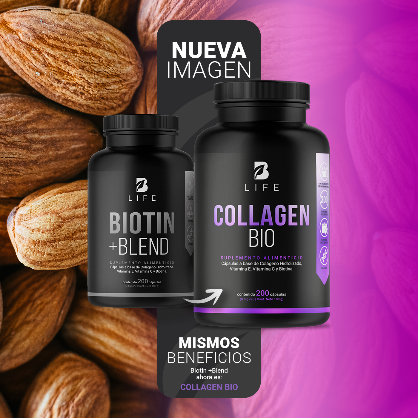 Foto 4 pulgar | Biotina Colágeno y Vitamina E B Life 200 Capsulas