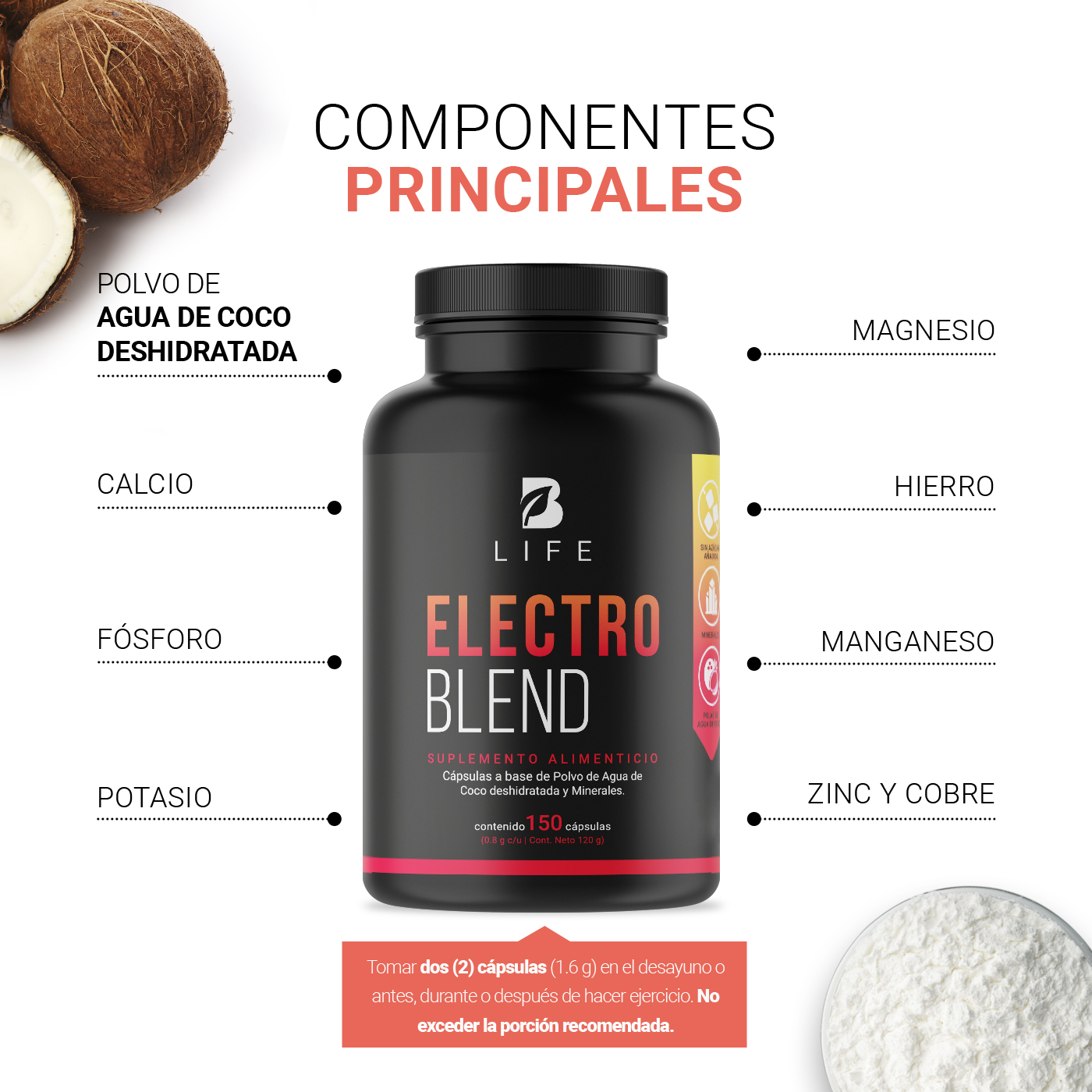 Foto 4 pulgar | Electrolitos con Polvo de Agua de Coco B Life 150 Cápsulas
