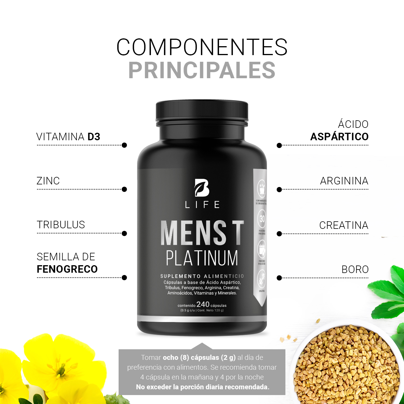Foto 5 pulgar | Fórmula Platinum para Hombre 240 Cápsulas con 500 mg Ingredientes naturales Mens T Platinum B Life
