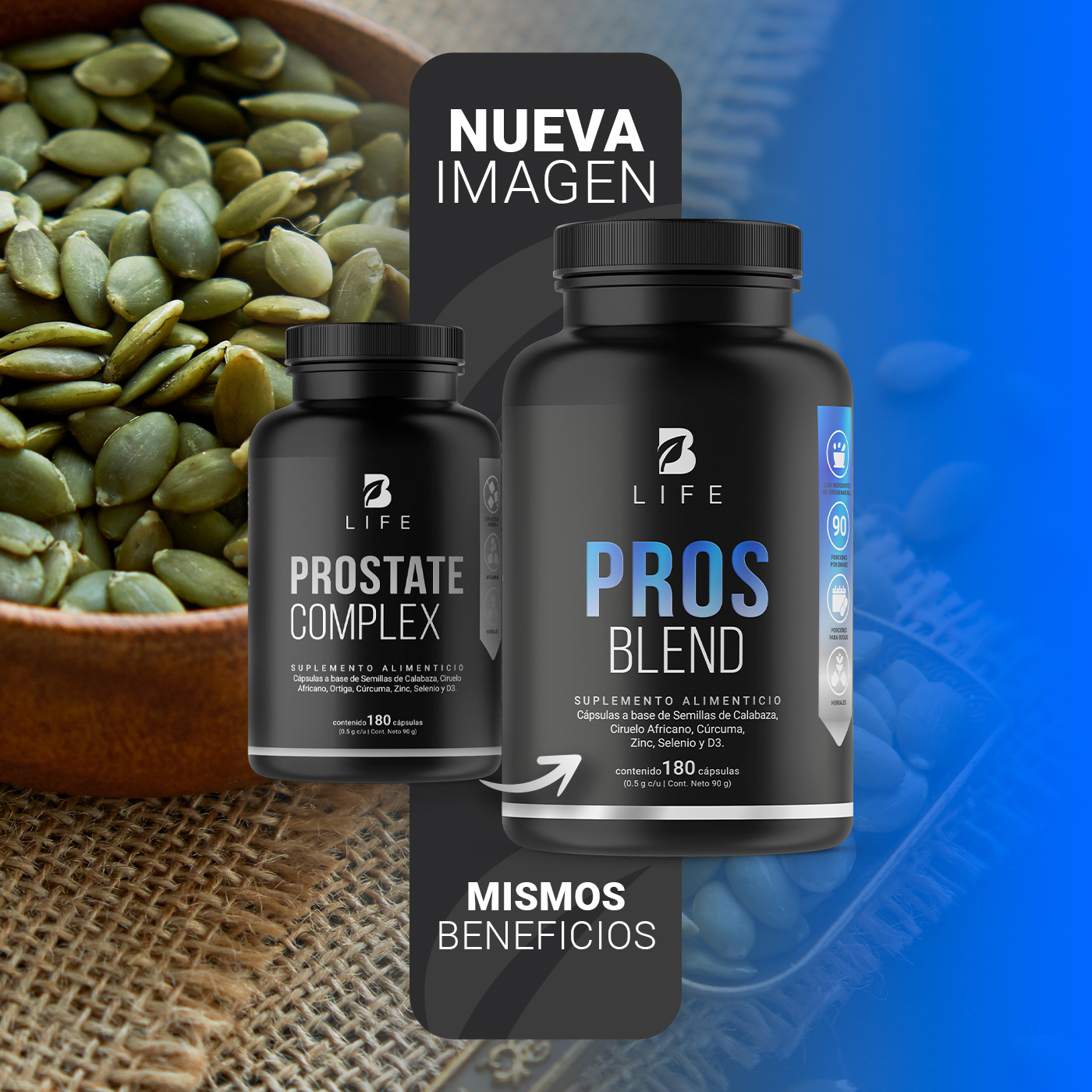 Foto 4 pulgar | Pros Blend de 180 Cápsulas Ingredientes Naturales: Ciruelo Africano/ Cúrcuma/ Ortiga/ Calabaza Pros Blend B Life